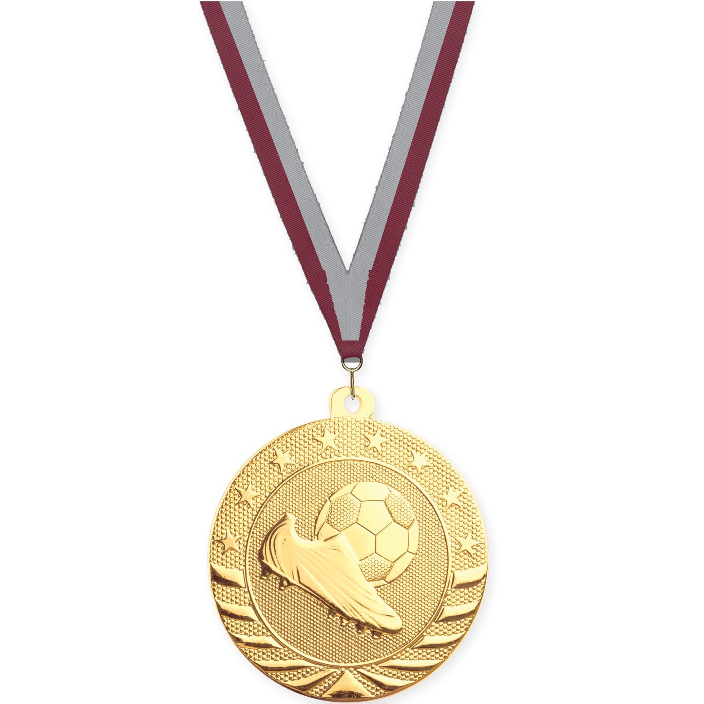 2 inch soccer Starbrite medal in bright gold with Maroon Gray neck ribbon