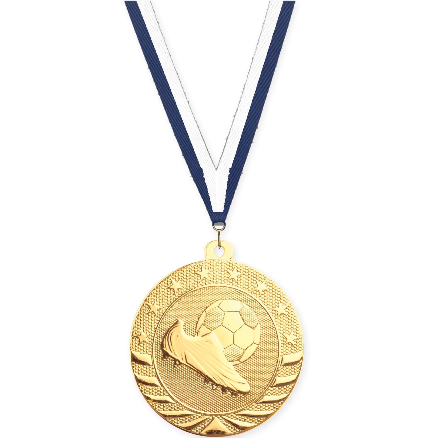 2 inch soccer Starbrite medal in bright gold with Navy White neck ribbon