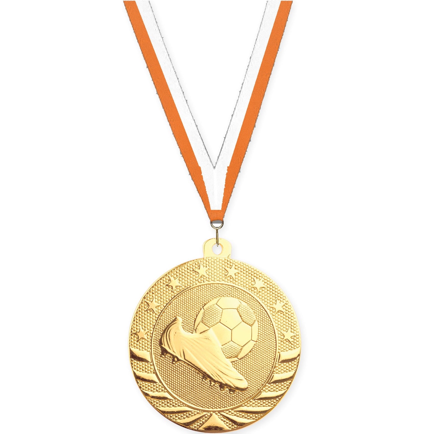 2 inch soccer Starbrite medal in bright gold with Orange White neck ribbon