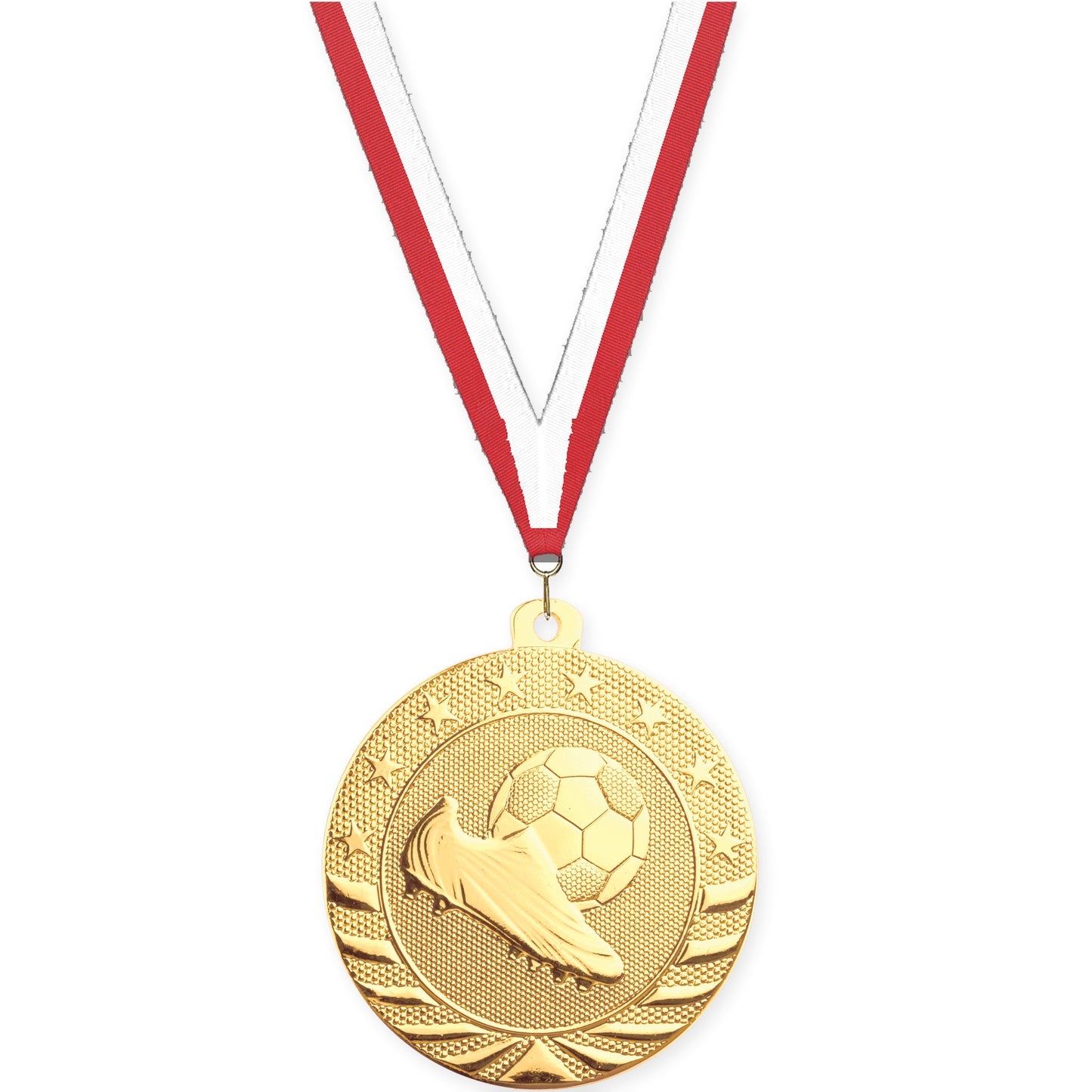 2 3/4 inch soccer Starbrite medal in bright gold with Red White neck ribbon