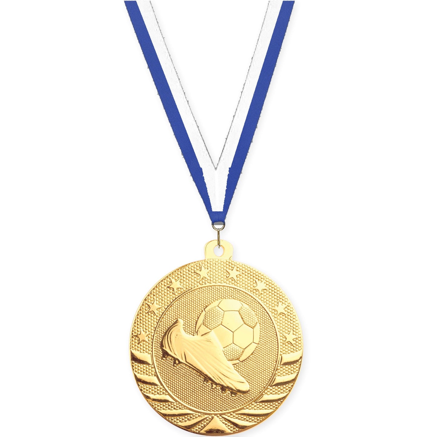 2 inch soccer Starbrite medal in bright gold with Blue White neck ribbon