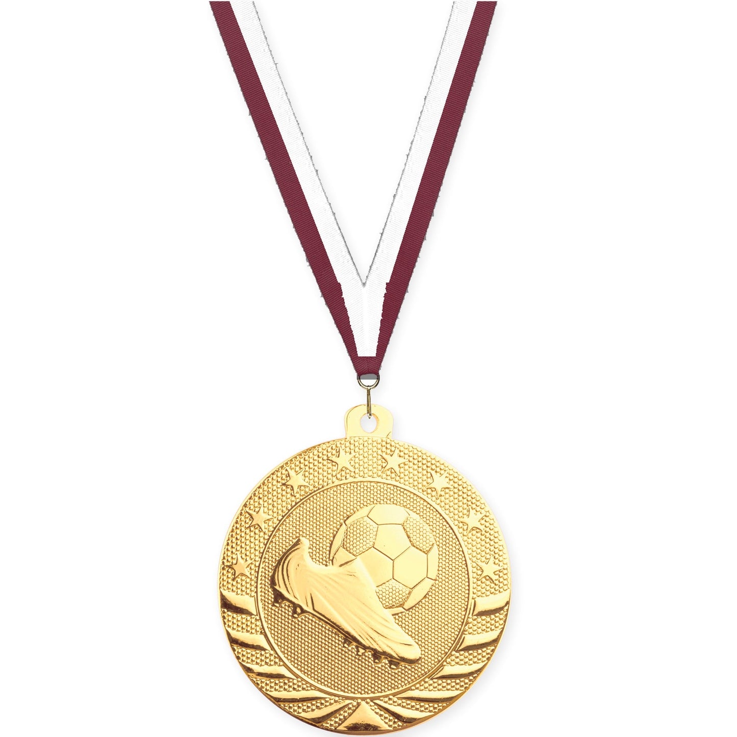 2 inch soccer Starbrite medal in bright gold with Maroon White neck ribbon