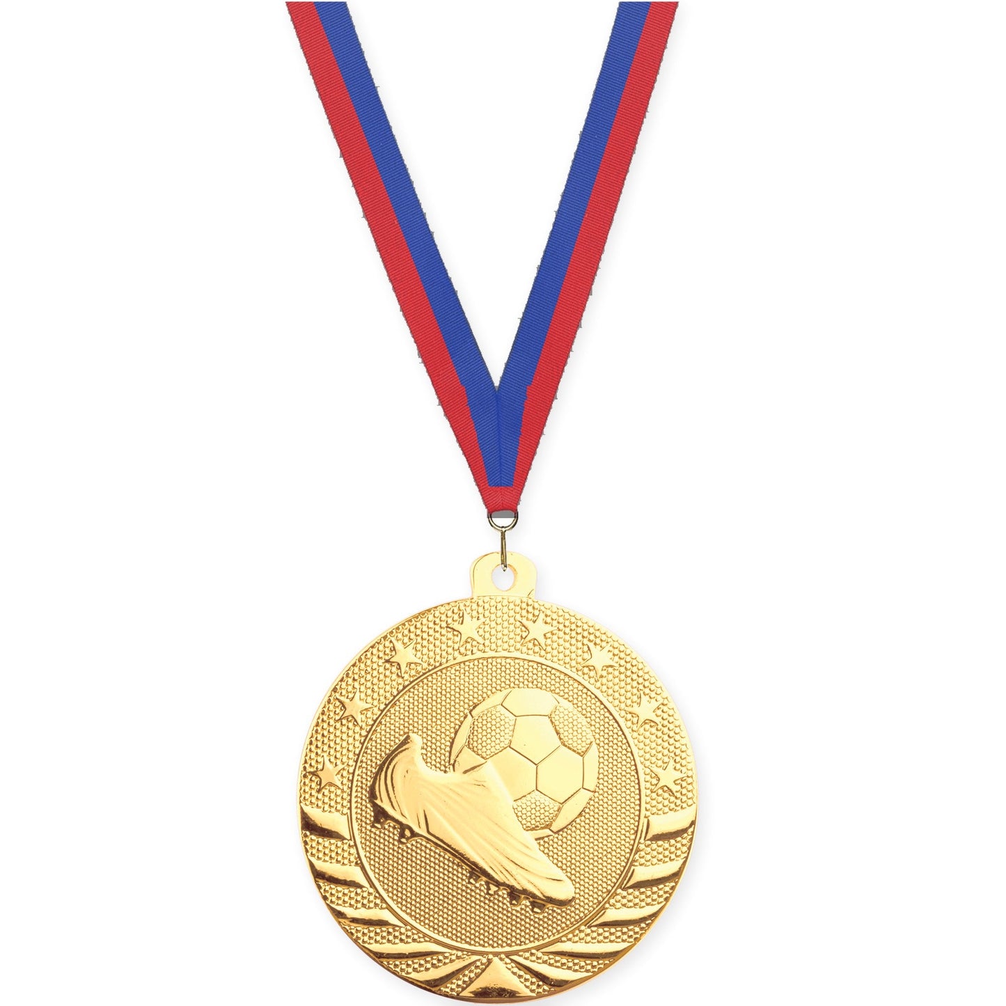 2 3/4 inch soccer Starbrite medal in bright gold with Blue Red neck ribbon
