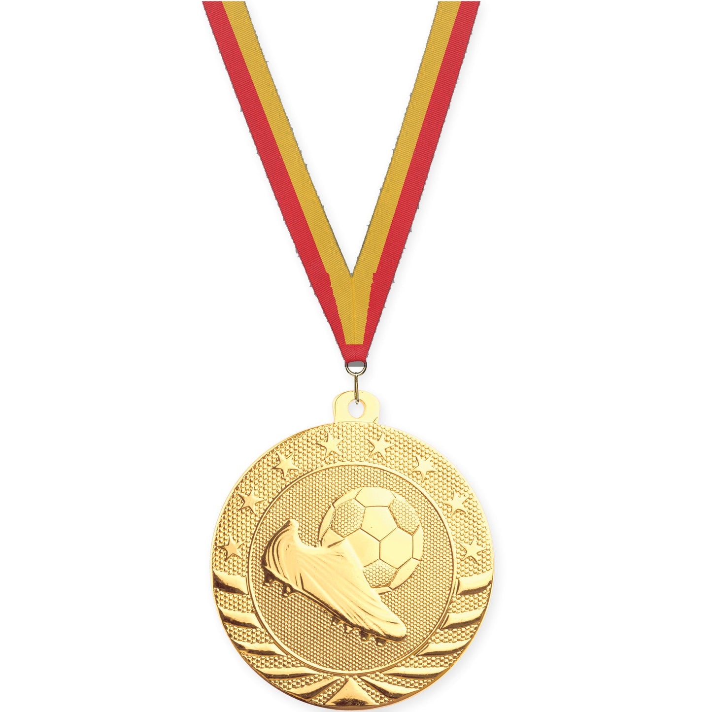 2 inch soccer Starbrite medal in bright gold with Red Gold neck ribbon