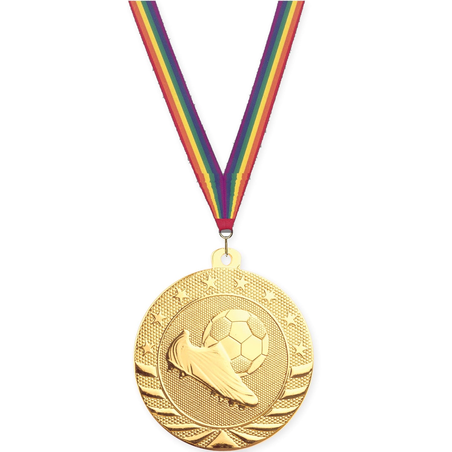 2 inch soccer Starbrite medal in bright gold with Rainbow neck ribbon