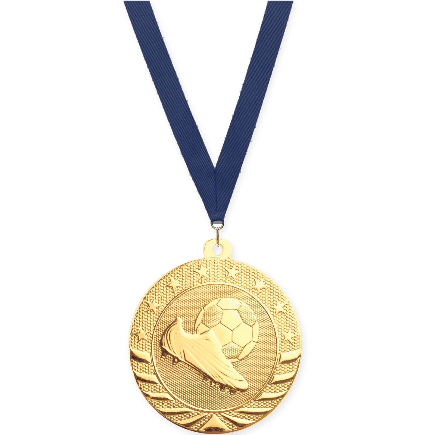2 inch soccer Starbrite medal in bright gold with Navy neck ribbon
