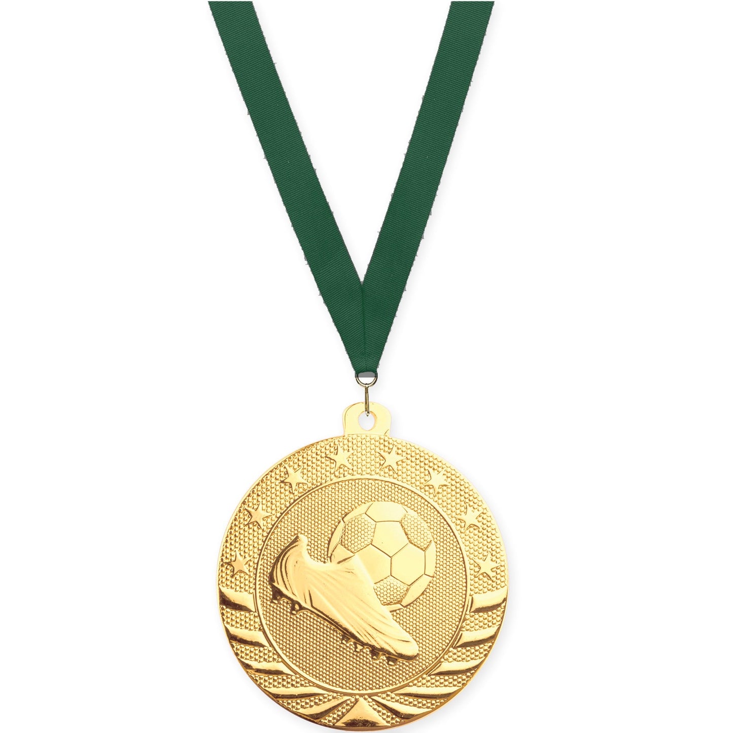 2 inch soccer Starbrite medal in bright gold with Hunter Green neck ribbon