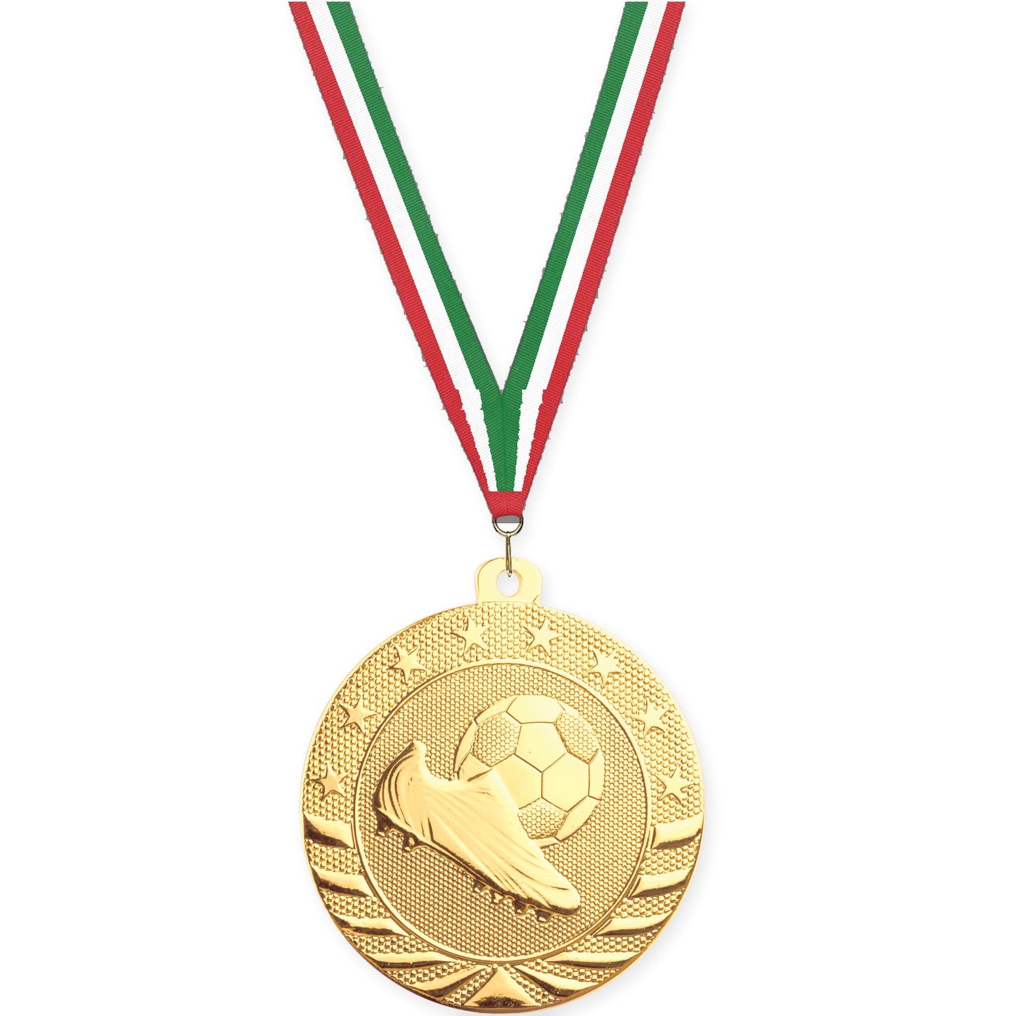 2 inch soccer Starbrite medal in bright gold with Red White Green neck ribbon