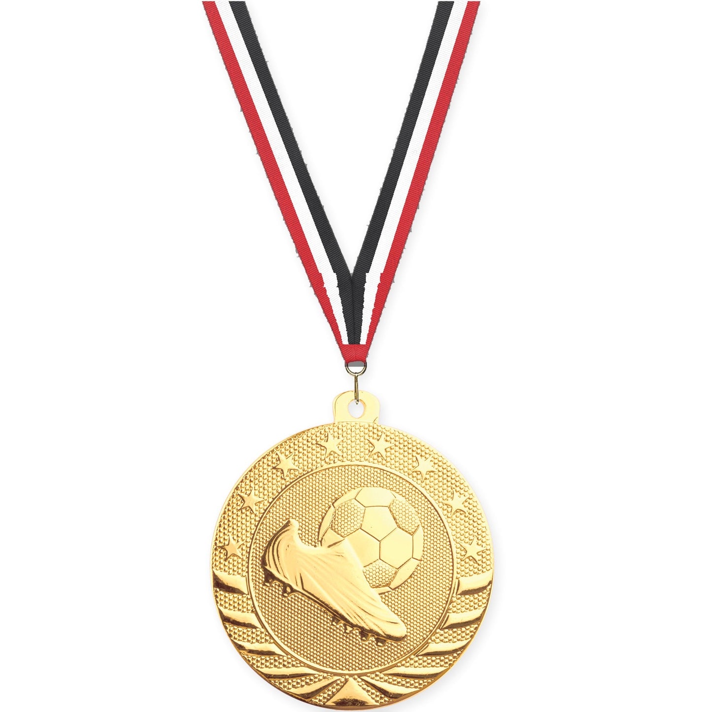 2 inch soccer Starbrite medal in bright gold with Red White Black neck ribbon