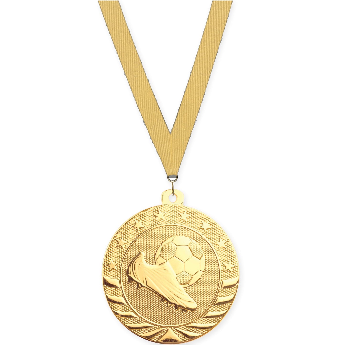 2 inch soccer Starbrite medal in bright gold with Gold Metallic neck ribbon