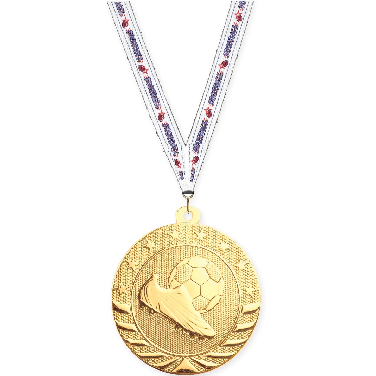 2 inch soccer Starbrite medal in bright gold with Football neck ribbon