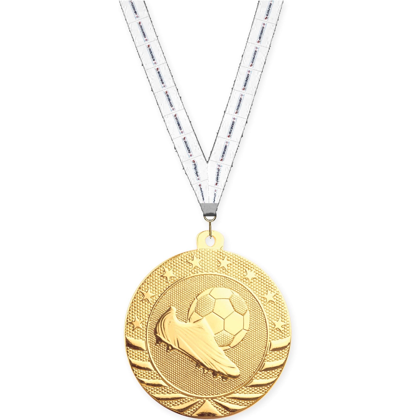 2 inch soccer Starbrite medal in bright gold with Gymnastics neck ribbon