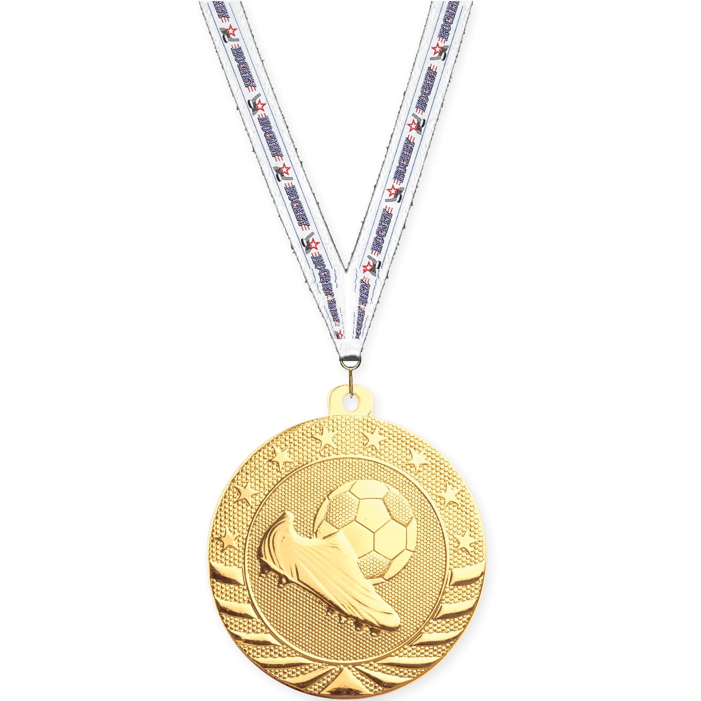 2 inch soccer Starbrite medal in bright gold with Hockey neck ribbon