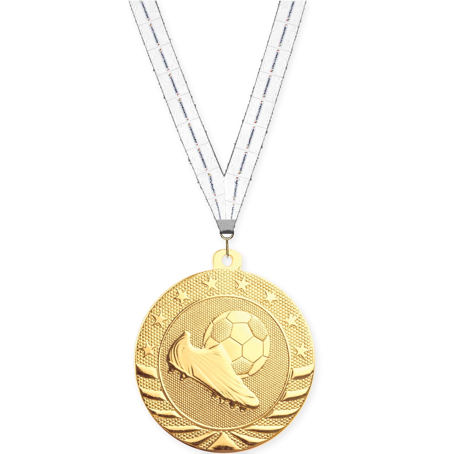 2 3/4 inch soccer Starbrite medal in bright gold with Lamp Of Knowledge neck ribbon