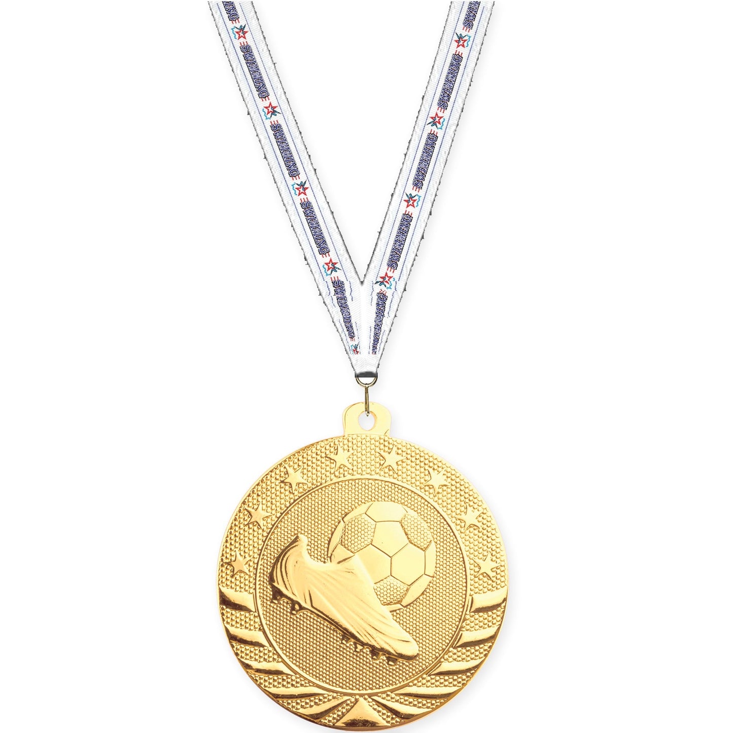 2 inch soccer Starbrite medal in bright gold with Swimming neck ribbon