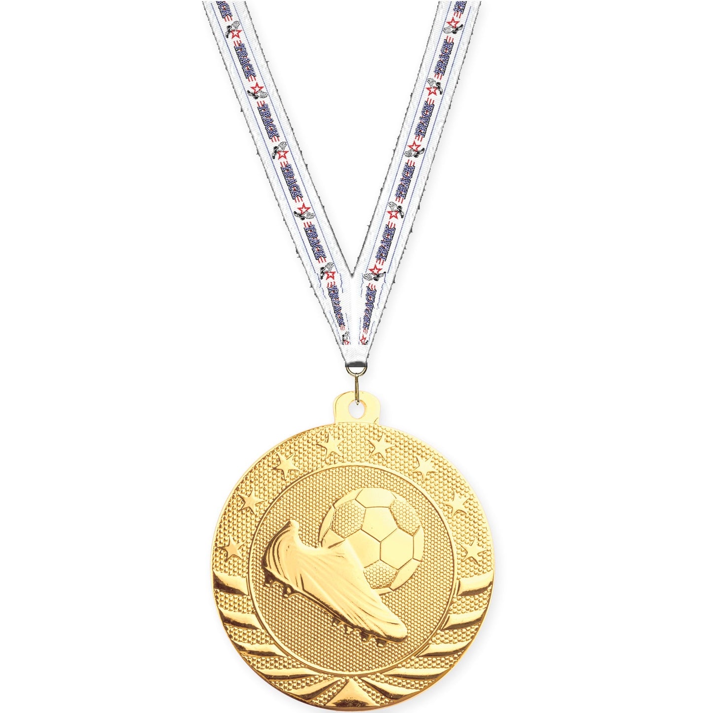 2 inch soccer Starbrite medal in bright gold with Track neck ribbon