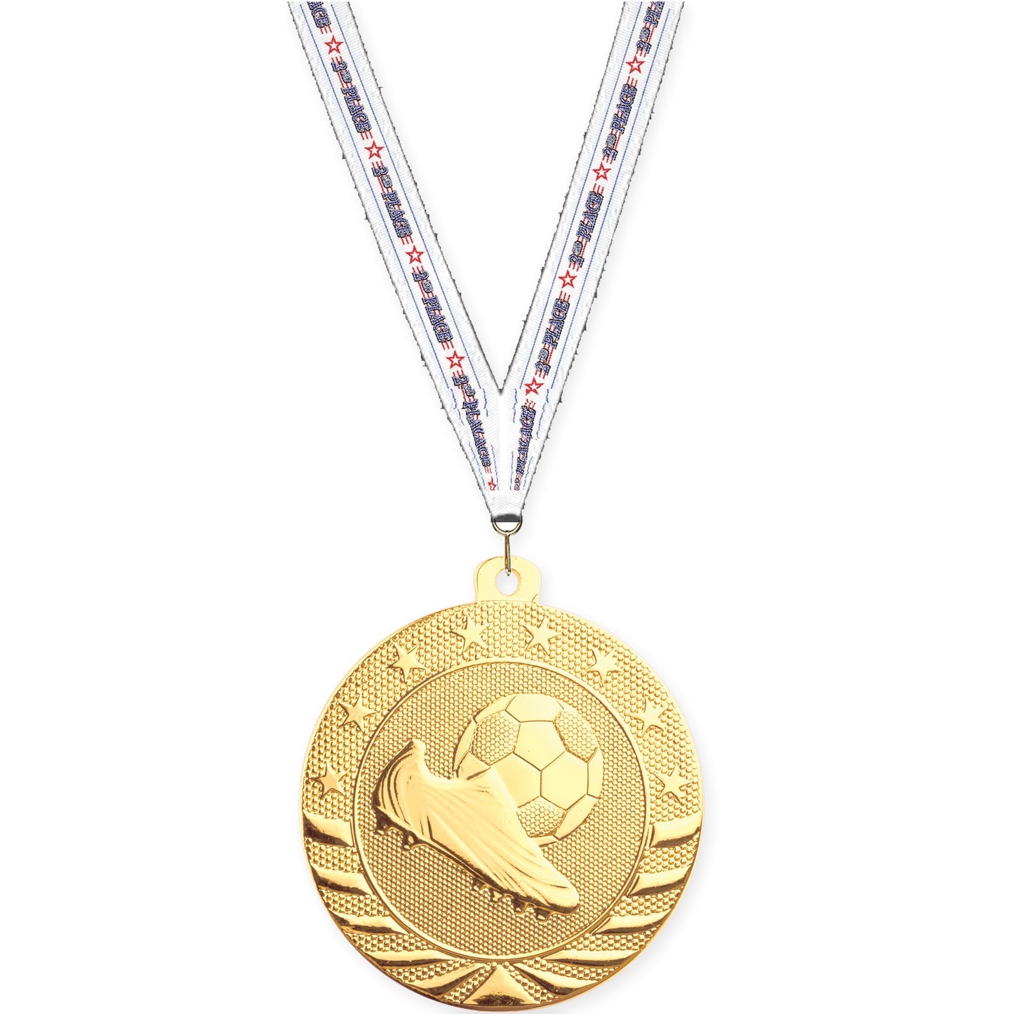 2 3/4 inch soccer Starbrite medal in bright gold with 2nd Place neck ribbon