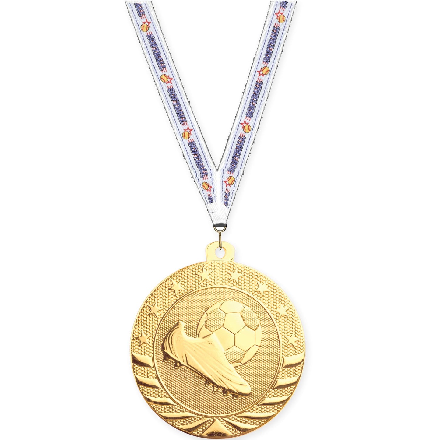 2 inch soccer Starbrite medal in bright gold with Softball neck ribbon