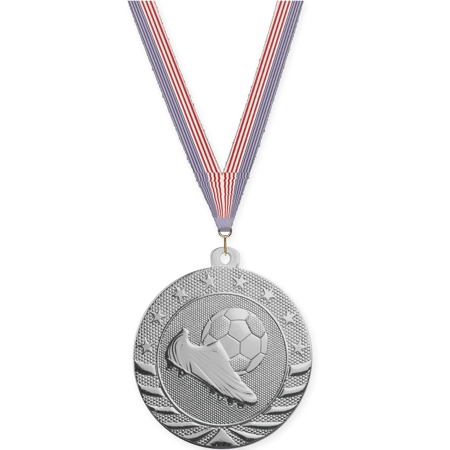 2 inch soccer Starbrite medal in bright silver with USA Flag neck ribbon