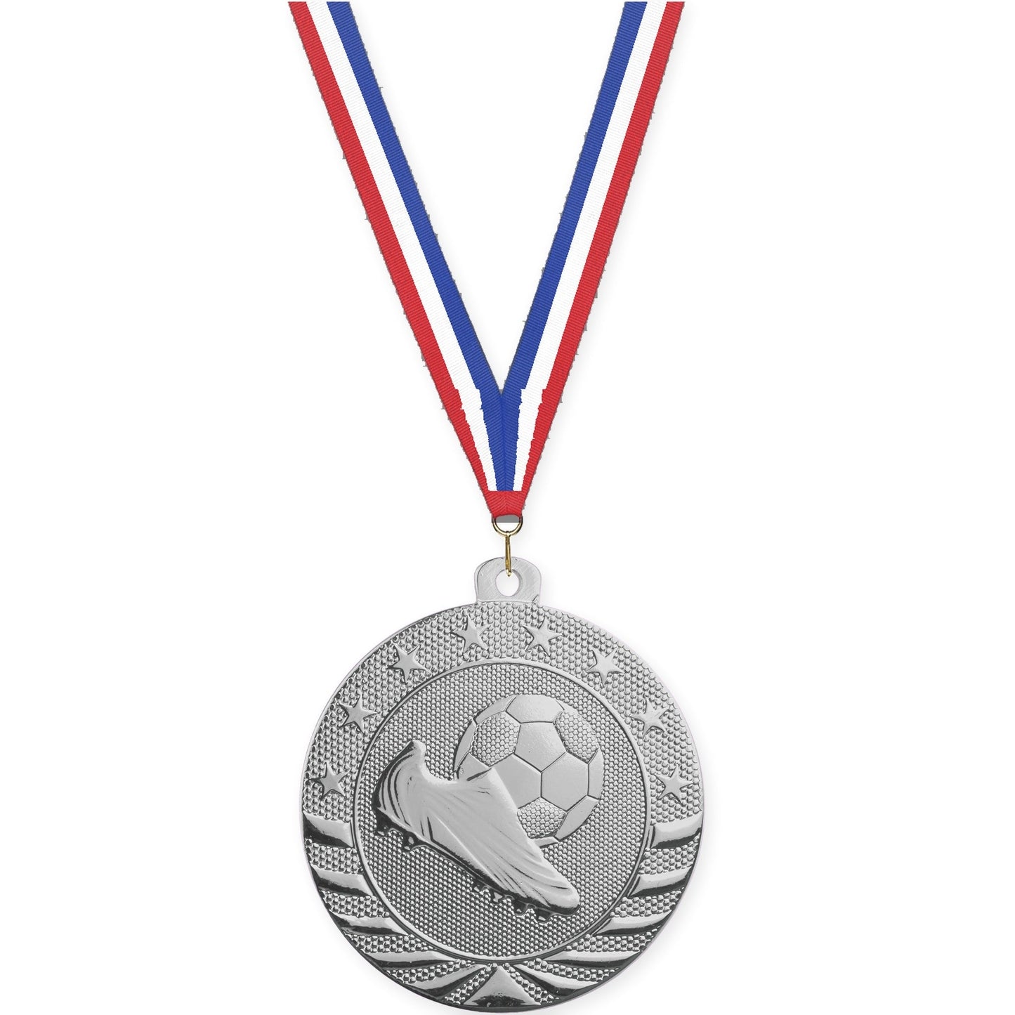 2 inch soccer Starbrite medal in bright silver with Red White Blue neck ribbon