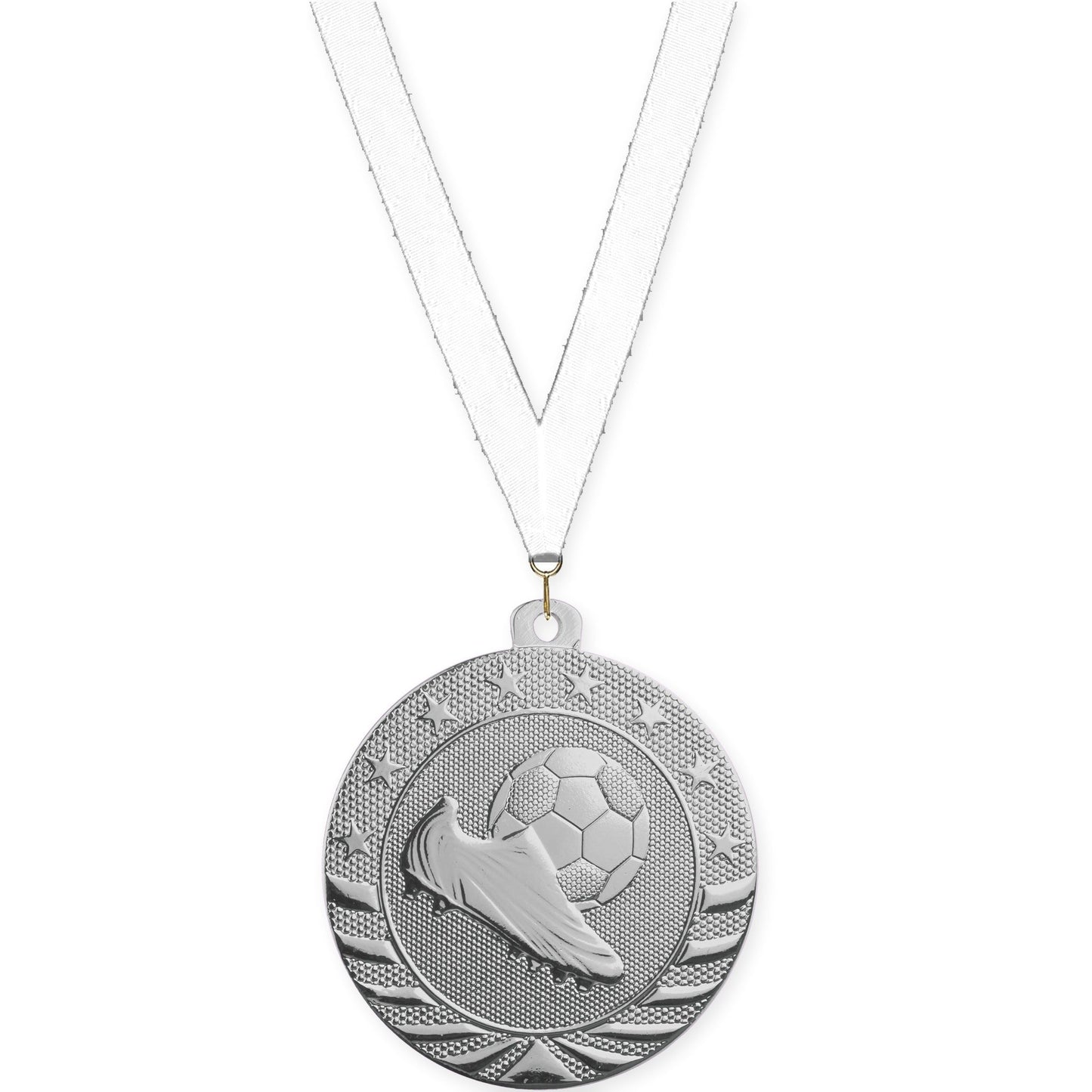 2 inch soccer Starbrite medal in bright silver with White neck ribbon