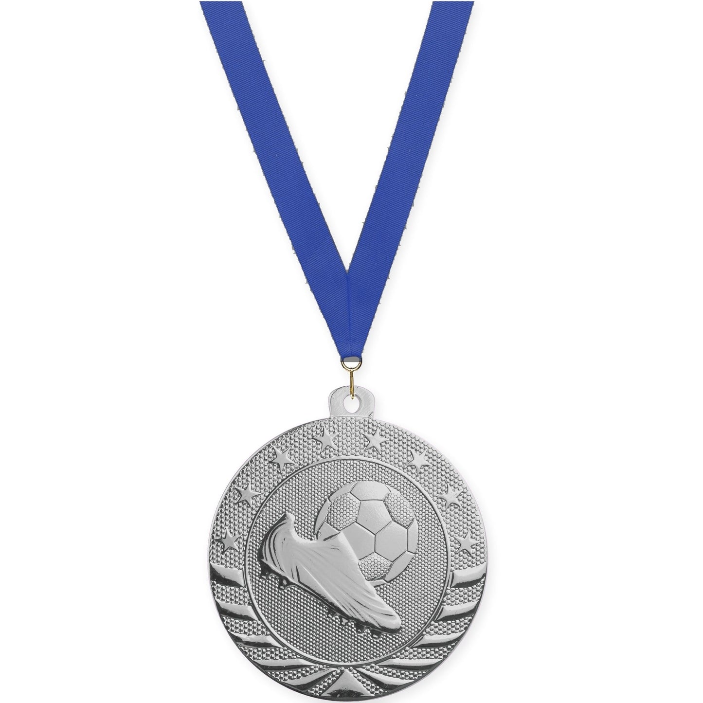 2 inch soccer Starbrite medal in bright silver with Blue neck ribbon