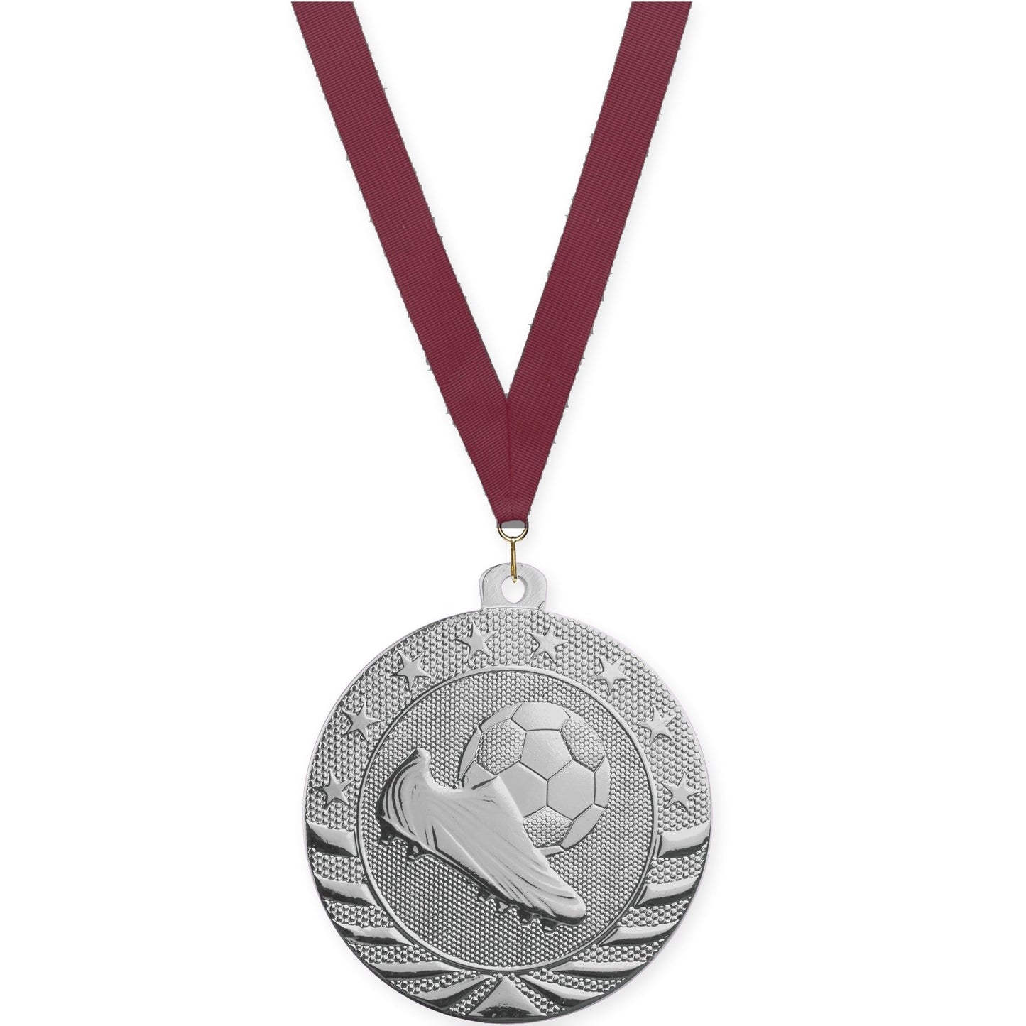 2 inch soccer Starbrite medal in bright silver with Maroon neck ribbon