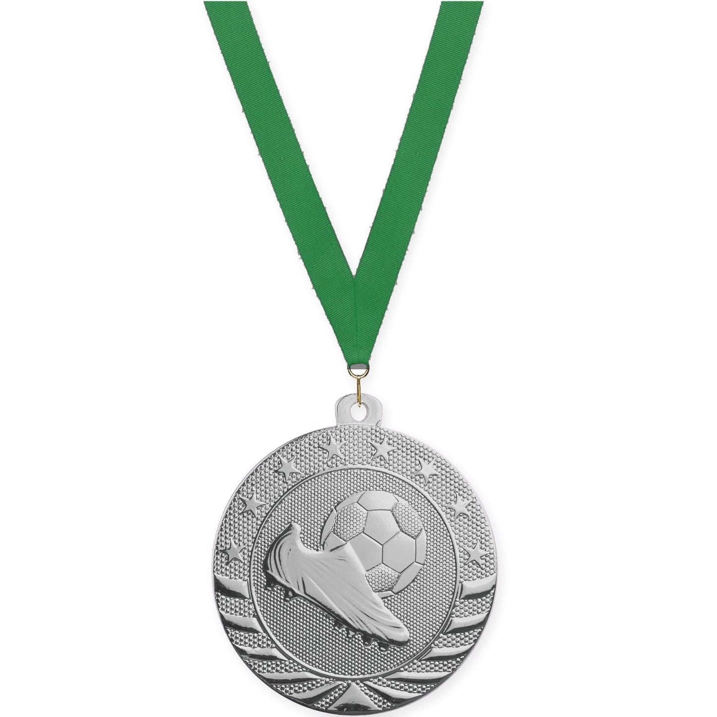 2 inch soccer Starbrite medal in bright silver with Green neck ribbon
