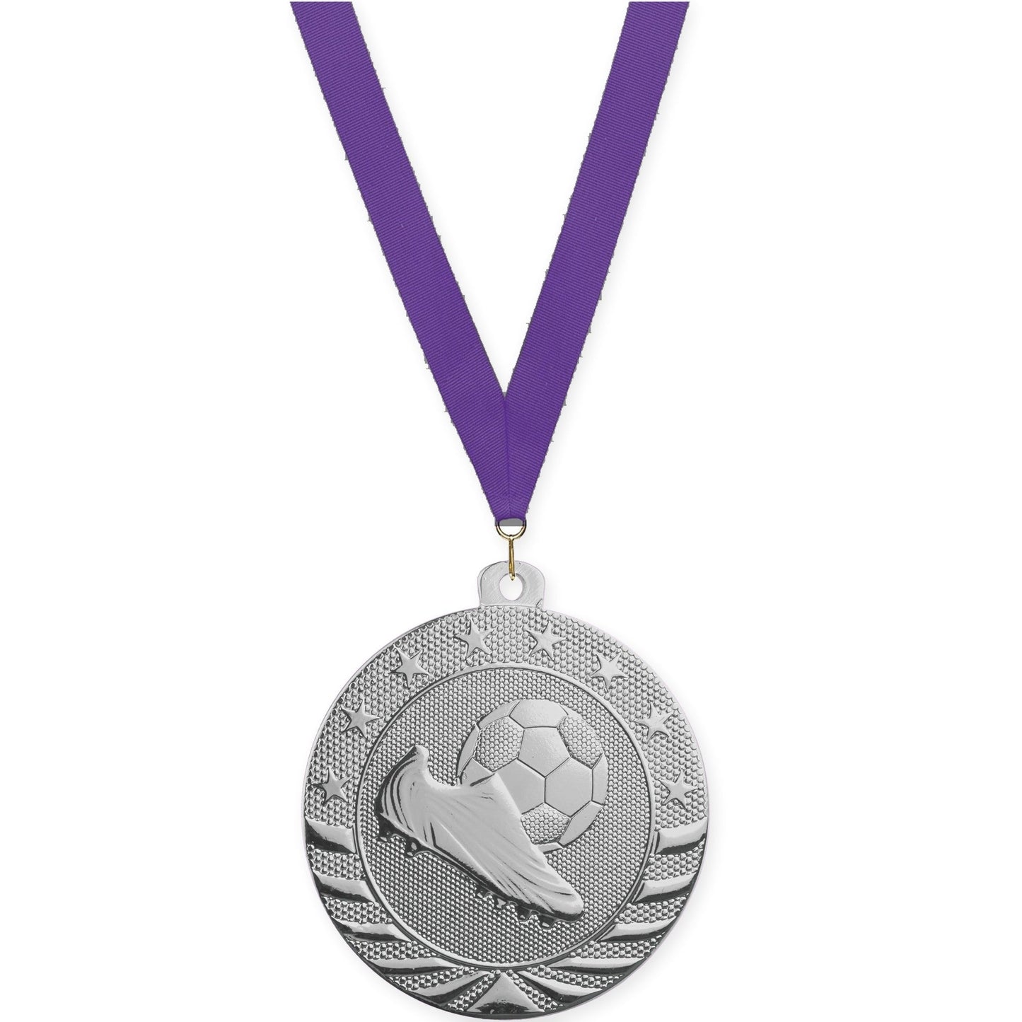2 inch soccer Starbrite medal in bright silver with Purple neck ribbon