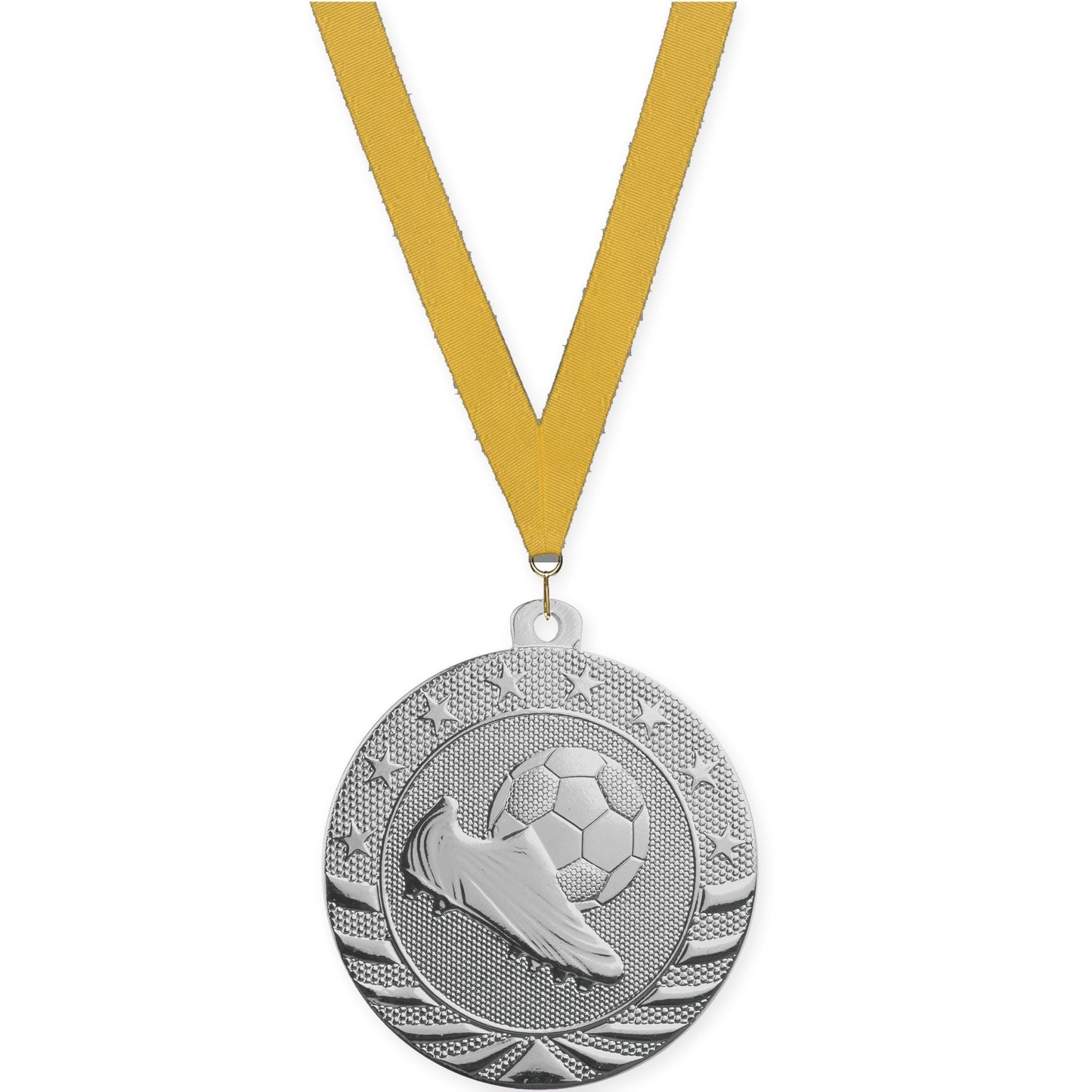 2 3/4 inch soccer Starbrite medal in bright silver with Gold neck ribbon