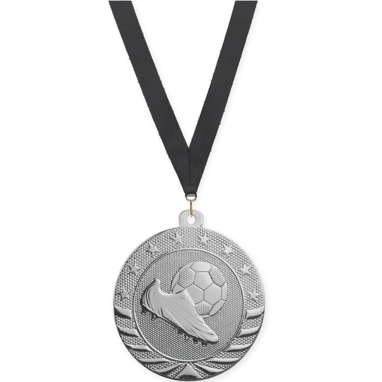 2 3/4 inch soccer Starbrite medal in bright silver with Black neck ribbon