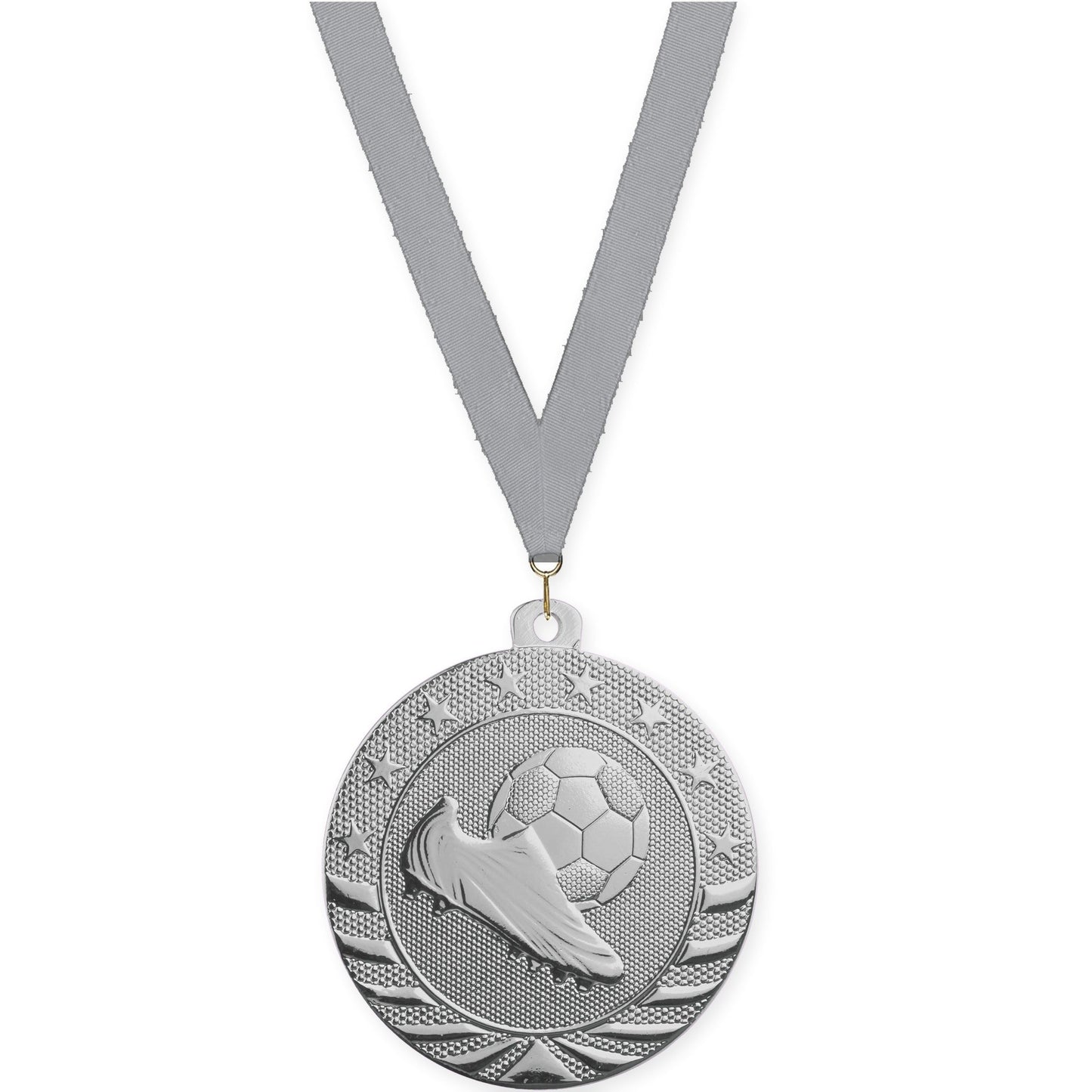 2 inch soccer Starbrite medal in bright silver with Gray neck ribbon