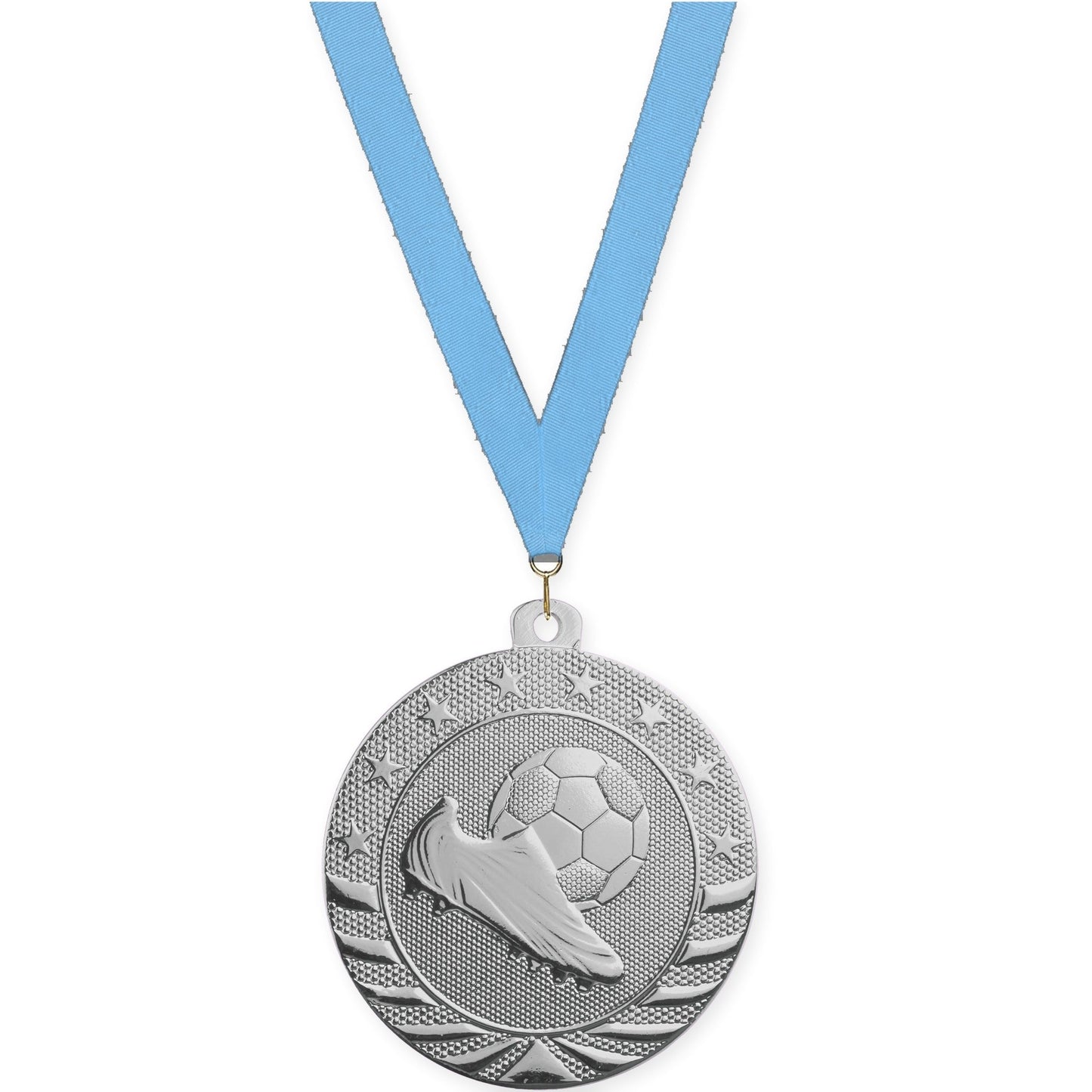 2 inch soccer Starbrite medal in bright silver with Light Blue neck ribbon