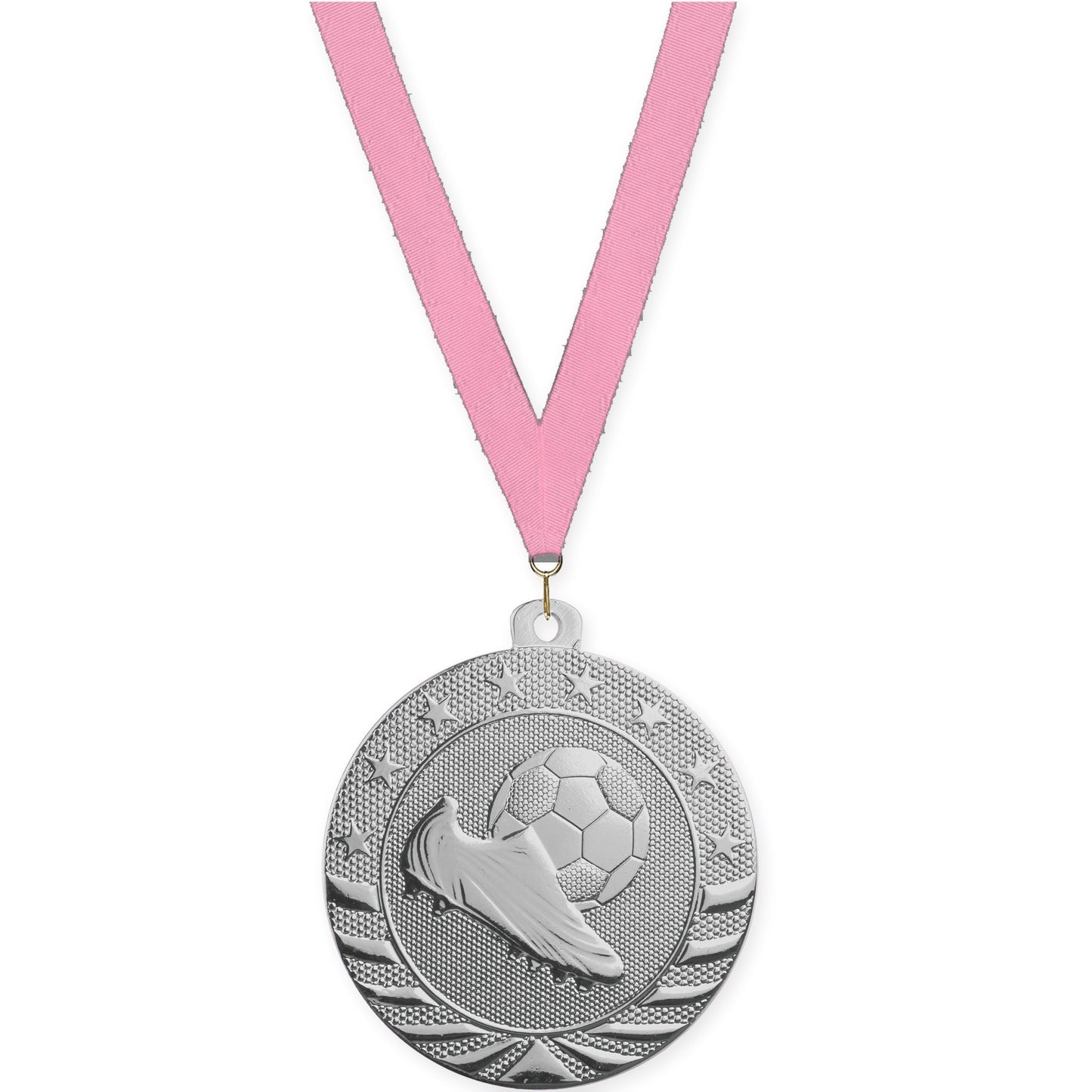 2 inch soccer Starbrite medal in bright silver with Pink neck ribbon