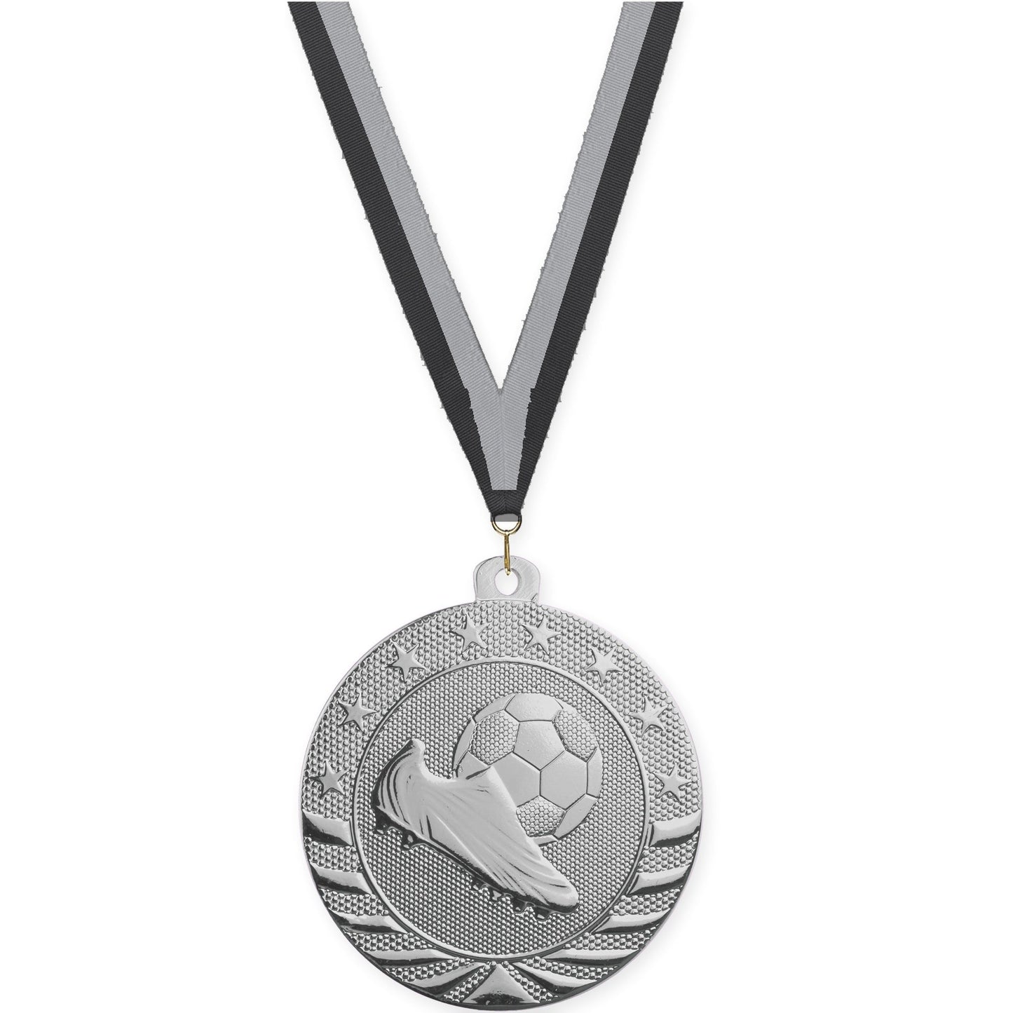 2 inch soccer Starbrite medal in bright silver with Black Gray neck ribbon