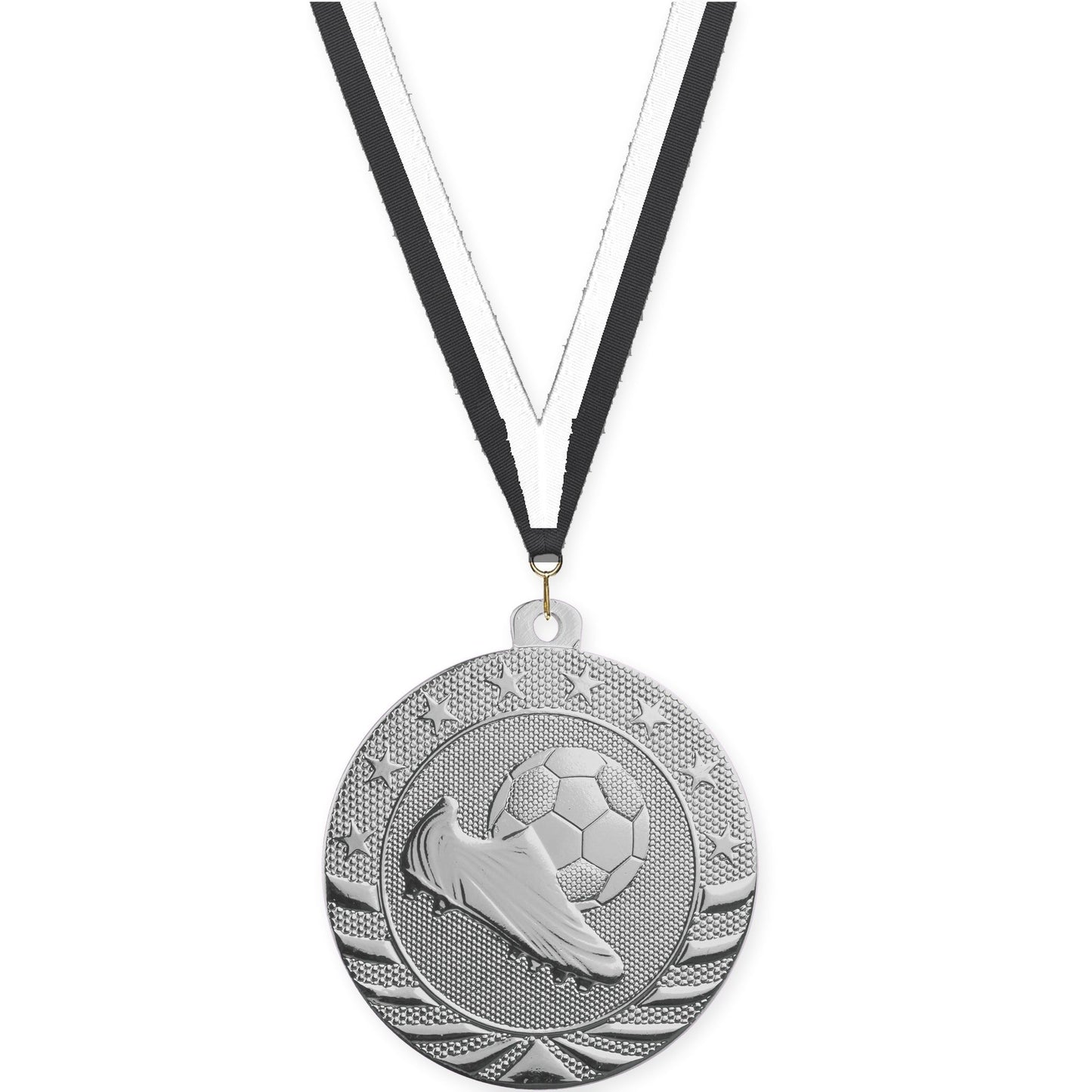 2 inch soccer Starbrite medal in bright silver with Black White neck ribbon