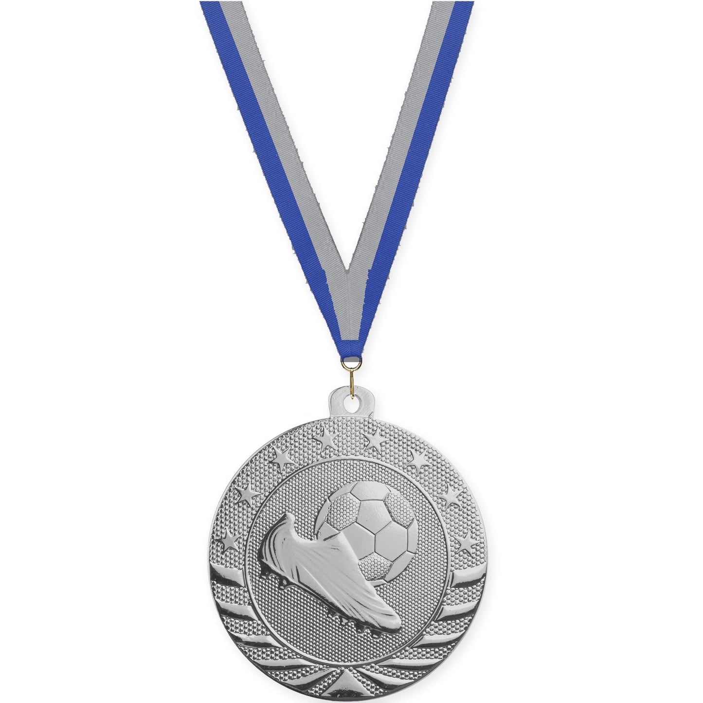 2 inch soccer Starbrite medal in bright silver with Blue Gray neck ribbon