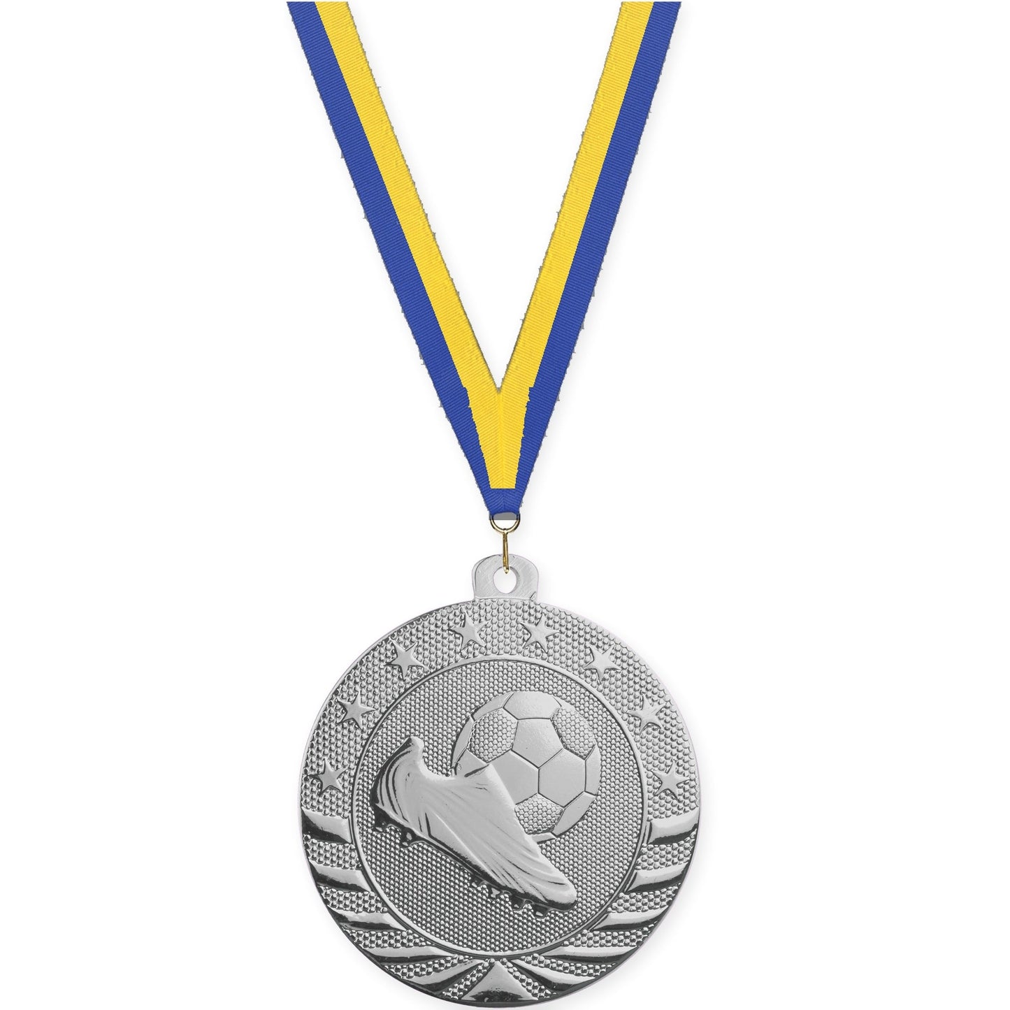 2 3/4 inch soccer Starbrite medal in bright silver with Blue Yellow neck ribbon
