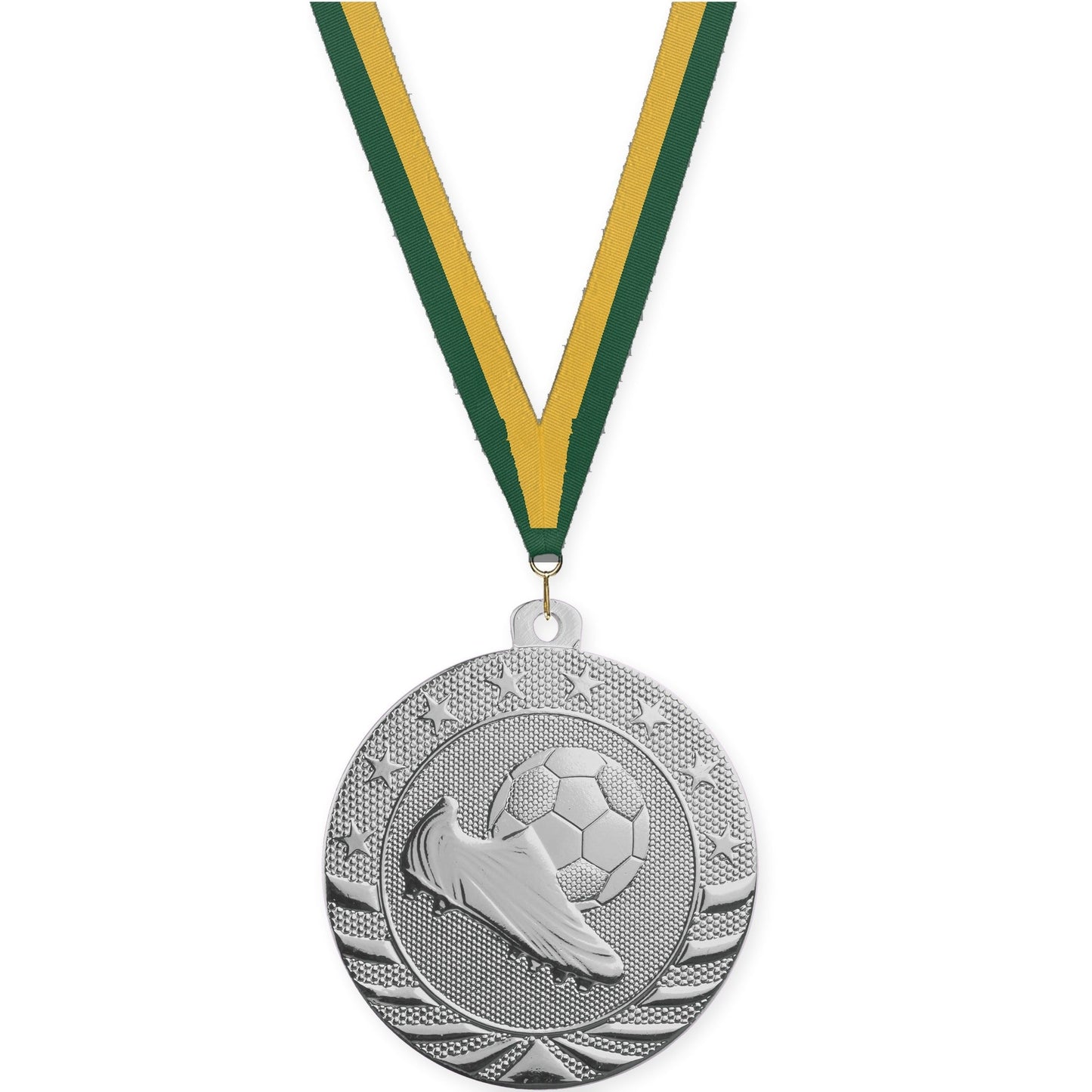 2 3/4 inch soccer Starbrite medal in bright silver with Hunter Green Gold neck ribbon