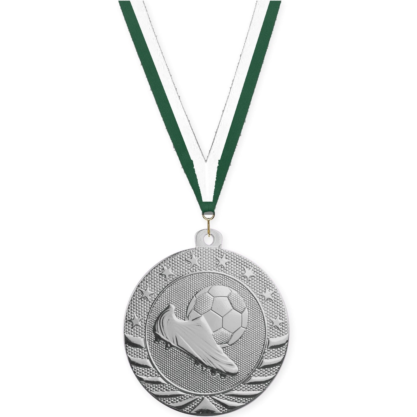 2 inch soccer Starbrite medal in bright silver with Hunter Green White neck ribbon