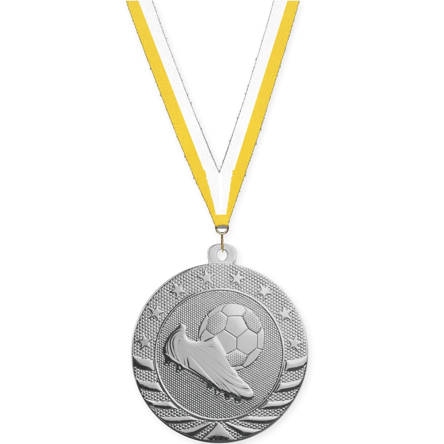 2 inch soccer Starbrite medal in bright silver with Yellow White neck ribbon