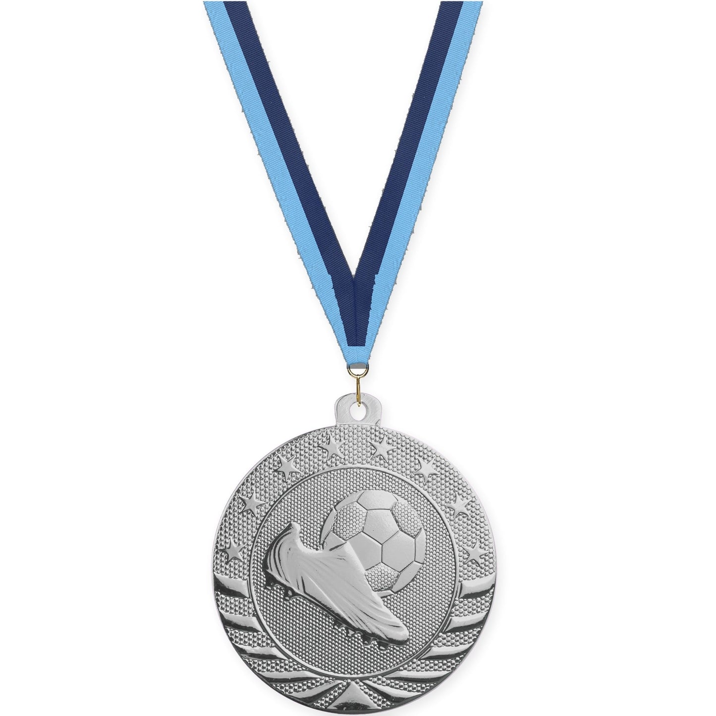 2 inch soccer Starbrite medal in bright silver with Light Blue Navy neck ribbon