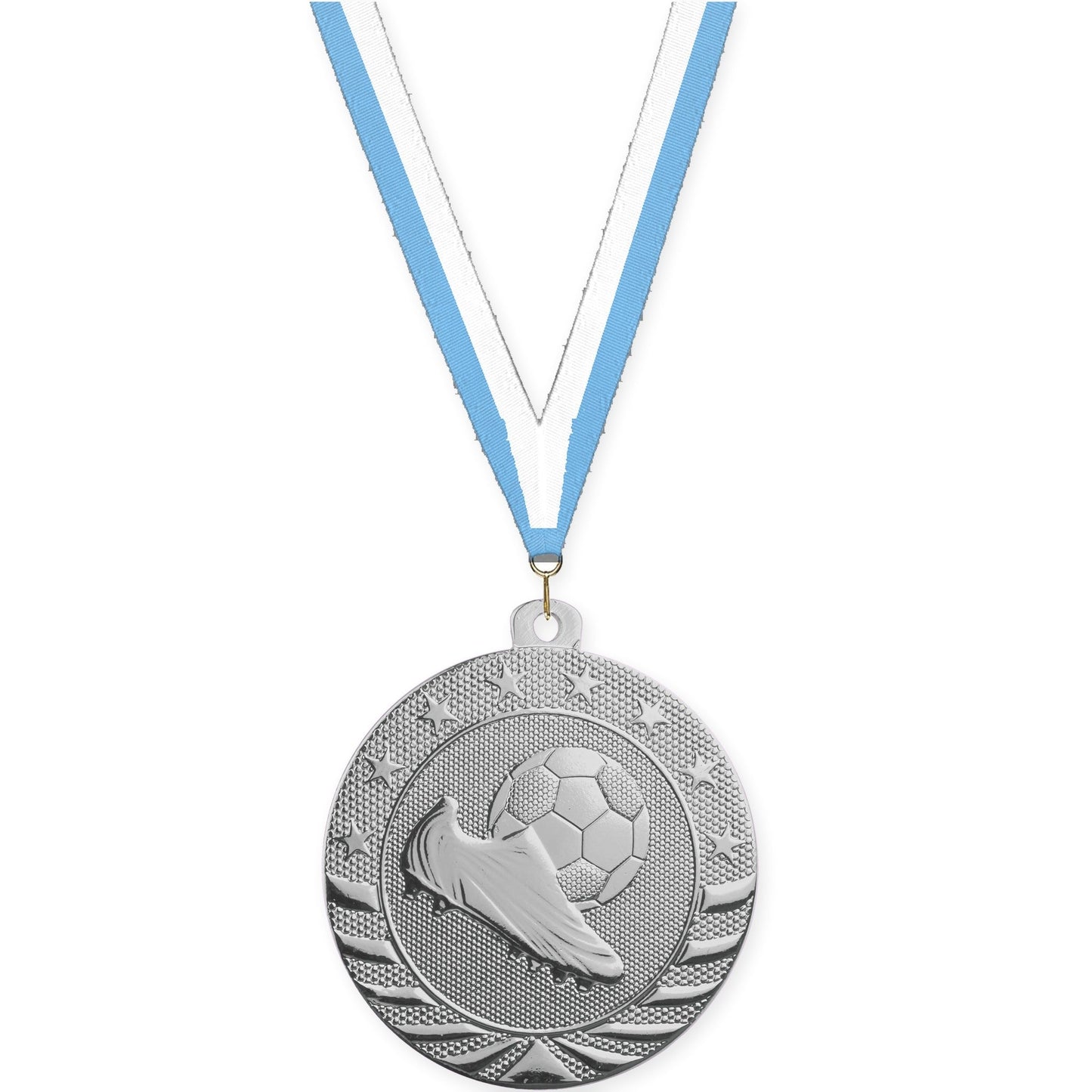 2 3/4 inch soccer Starbrite medal in bright silver with Light Blue White neck ribbon