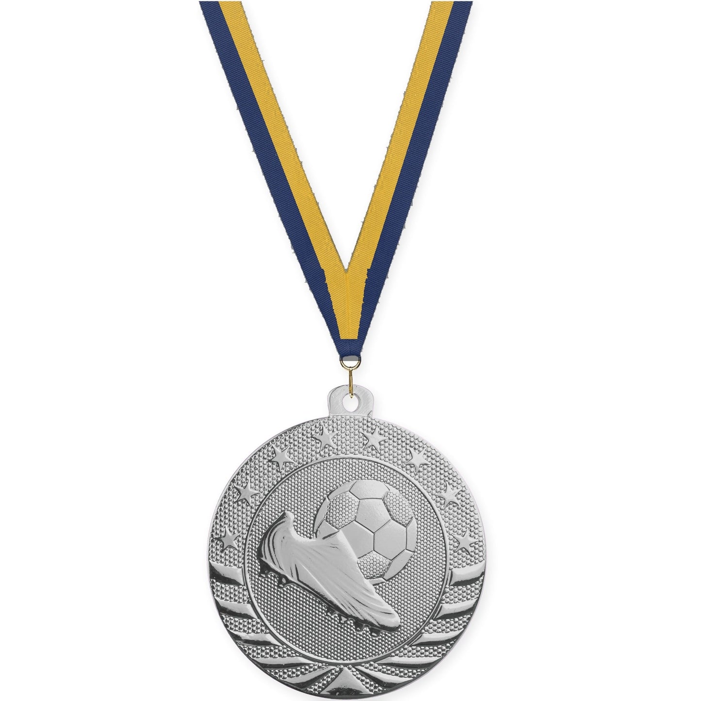 2 inch soccer Starbrite medal in bright silver with Navy Gold neck ribbon