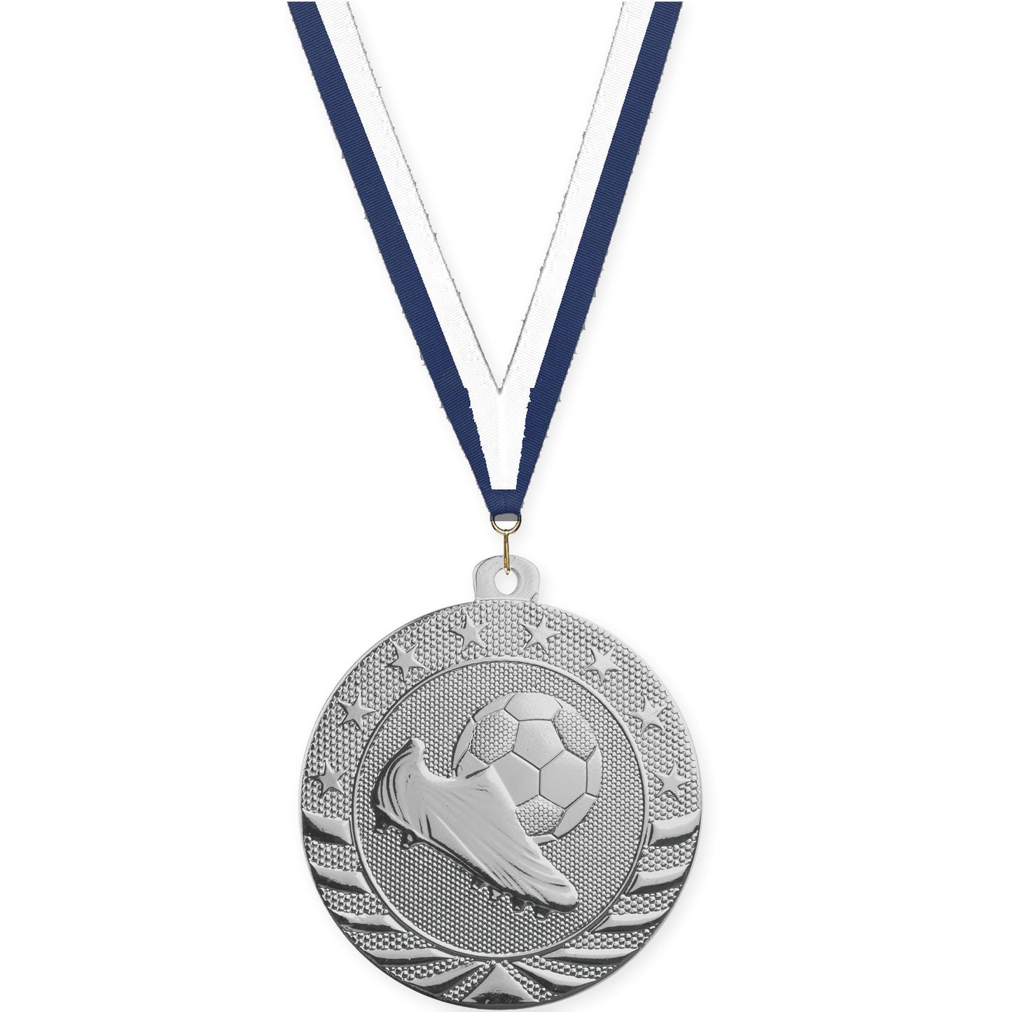 2 inch soccer Starbrite medal in bright silver with Navy White neck ribbon