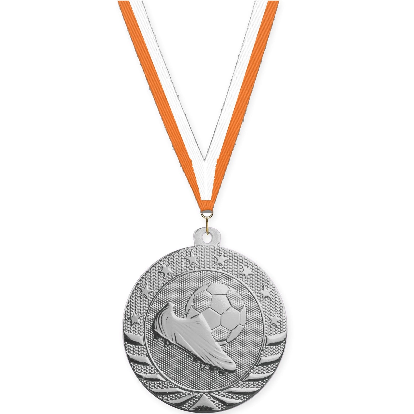 2 inch soccer Starbrite medal in bright silver with Orange White neck ribbon