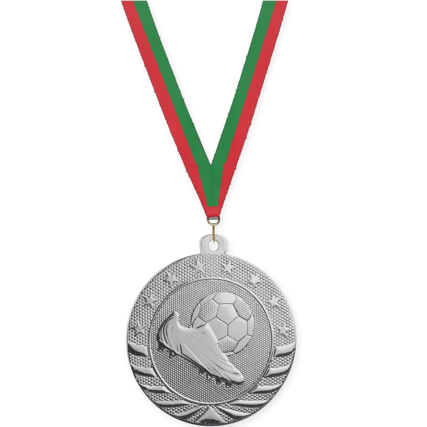 2 inch soccer Starbrite medal in bright silver with Red Green neck ribbon
