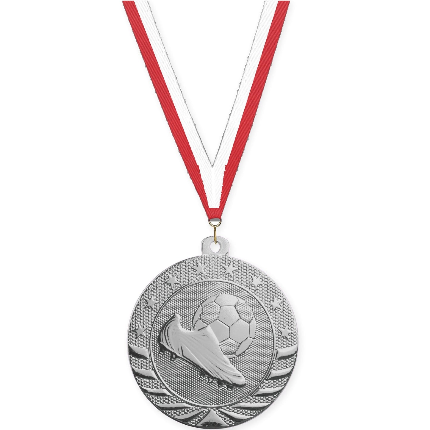 2 3/4 inch soccer Starbrite medal in bright silver with Red White neck ribbon