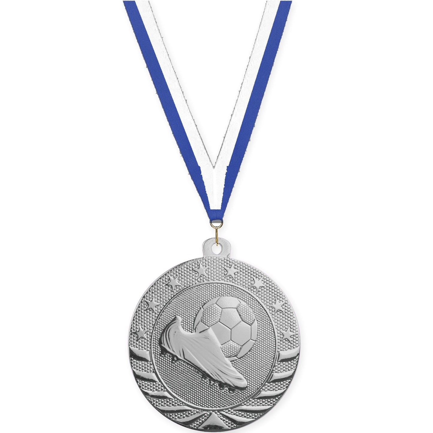 2 inch soccer Starbrite medal in bright silver with Blue White neck ribbon