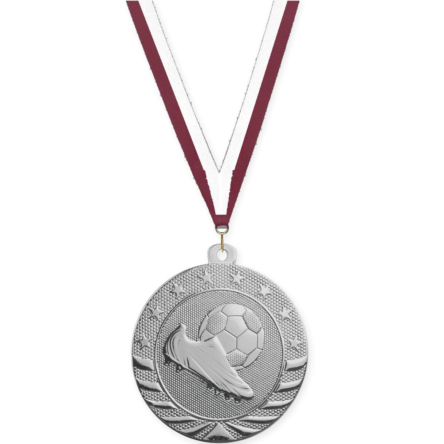 2 3/4 inch soccer Starbrite medal in bright silver with Maroon White neck ribbon